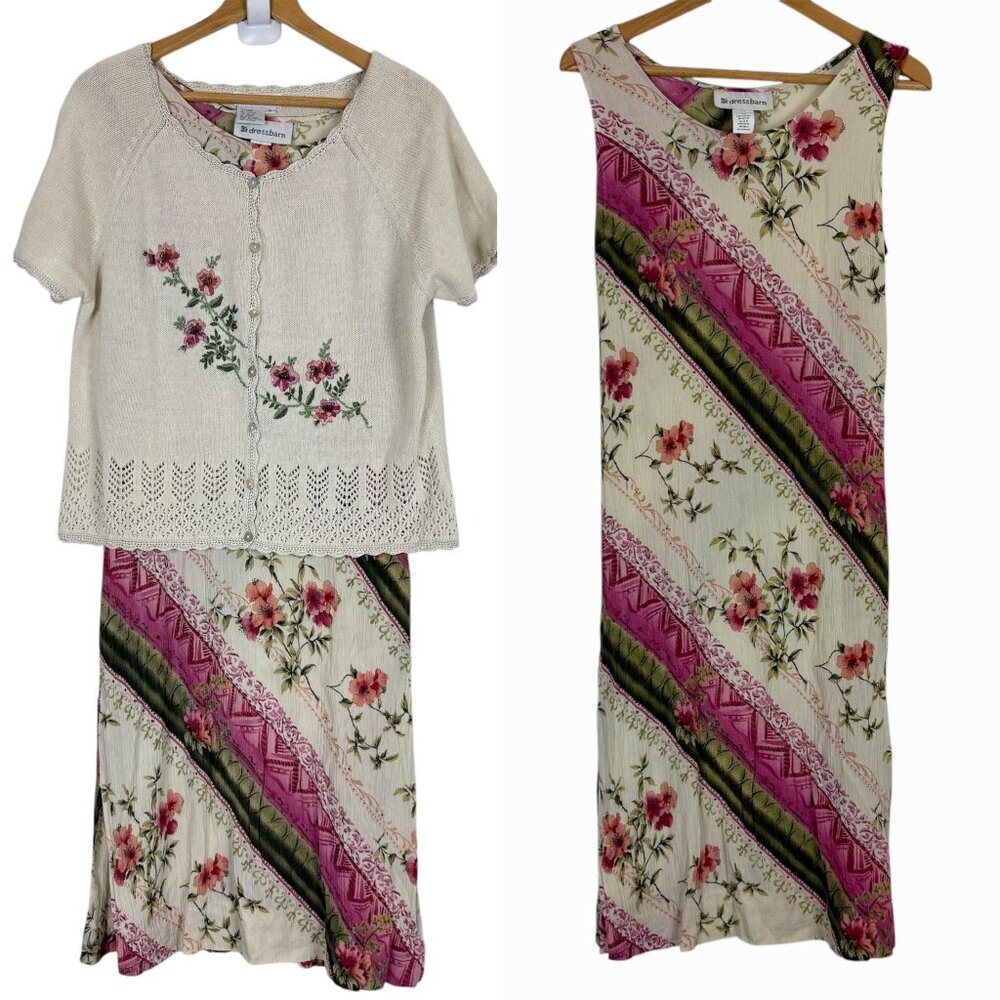 Dressbarn Sleeveless Floral Crinkle Dress & Knit Cardigan Set Sz 14 Embroidered